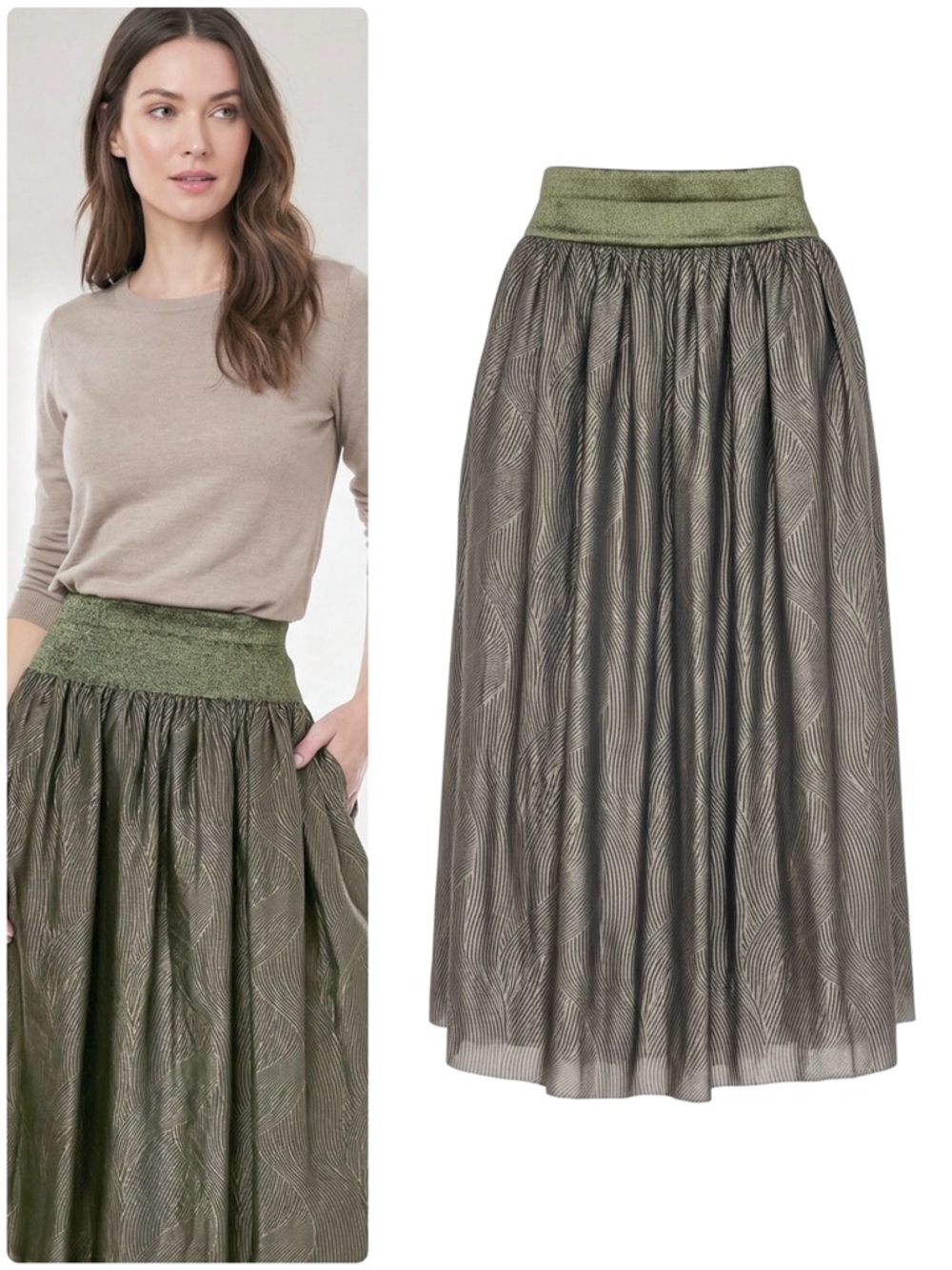 J.McLaughlin Midi Skirt Velvet Contrast Waist Band Theda Bronze Side Pockets